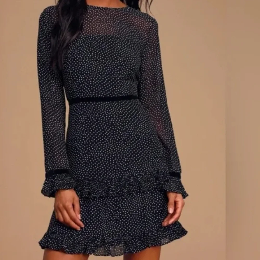 Lulus Women's Black and White Polka-dot Long Sleeve Mini Dress. Size L - Picture 1 of 14